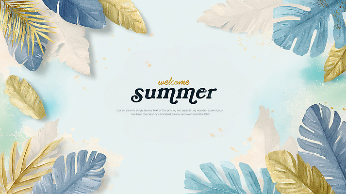 PSD 백그라운드 잎 일러스트 수채화 프레임 사람없음 여름 파란색 금색 번짐 겹침 카피스페이스 국내일러스트 식물 계절 컬러 공백 파일형식 효과