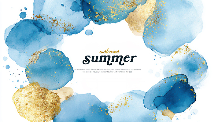 PSD 백그라운드 일러스트 수채화 프레임 사람없음 여름 파란색 금색 번짐 겹침 카피스페이스 국내일러스트 계절 컬러 공백 파일형식 효과