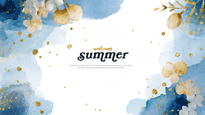 PSD 백그라운드 잎 일러스트 수채화 프레임 사람없음 여름 파란색 금색 번짐 겹침 카피스페이스 국내일러스트 식물 계절 컬러 공백 파일형식 효과