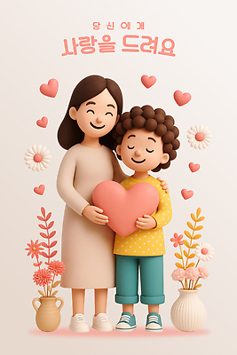 전신 PSD 편집이미지 여자 남자 꽃 어린이 분홍색 잎 사랑 미소 들기 소년 성인 두명 3D 눈감음 꽃병 하트 어깨에손 편집3D 모자관계 모양 식물 감정 아들 컬러 가족 모션 엄마 표정 사람 디지털합성 파일형식