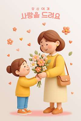 전신 PSD 편집이미지 여자 꽃 어린이 분홍색 꽃다발 잎 모녀 사랑 미소 소녀 성인 두명 3D 하트 주기 숄더백 여자만 편집3D 모양 식물 딸 감정 컬러 가방 가족 모션 엄마 표정 사람 디지털합성 파일형식