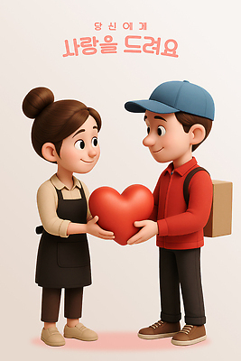 전신 PSD 편집이미지 여자 남자 분홍색 사랑 미소 들기 성인 두명 3D 마주보기 앞치마 하트 배달원 주기 바리스타 매기 배달원가방 캡모자 성인만 편집3D 모양 직업 모자_잡화 감정 컬러 모션 표정 사람 배송 디지털합성 파일형식