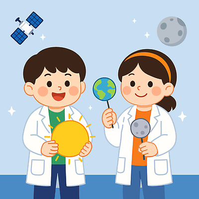 여자 남자 지구 어린이 일러스트 실험 미소 들기 소녀 소년 두명 파란색 반짝임 태양 꿈 인공위성 달 머리띠 실험복 막대기 과학자 즐거움 장래희망 어린이만 국내일러스트 AI파일 자연요소 직업 감정 컬러 과학 장신구 통신 모션 표정 사람 가운 학자 파일형식 벡터