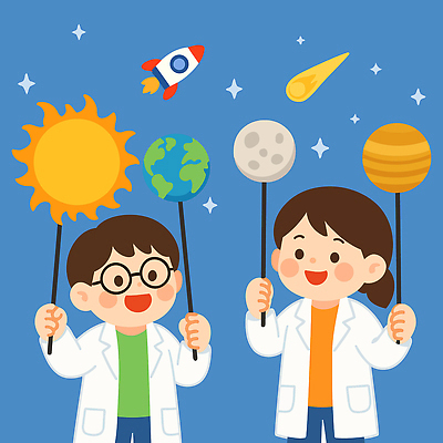 여자 남자 지구 어린이 일러스트 실험 미소 들기 소녀 소년 두명 파란색 반짝임 태양 꿈 로켓 달 실험복 막대기 유성 과학자 즐거움 장래희망 목성 어린이만 안경낌 국내일러스트 AI파일 자연요소 직업 감정 안경 컬러 과학 모션 표정 사람 행성 가운 학자 파일형식 벡터