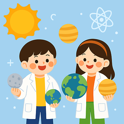여자 남자 지구 어린이 일러스트 실험 미소 들기 소녀 소년 두명 파란색 태양 꿈 달 머리띠 실험복 과학자 즐거움 장래희망 목성 어린이만 국내일러스트 AI파일 자연요소 직업 감정 컬러 과학 장신구 모션 표정 사람 행성 가운 학자 파일형식 벡터
