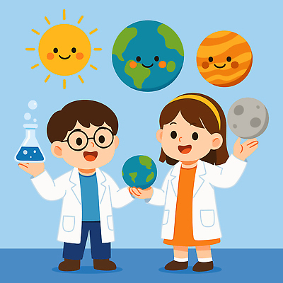 전신 여자 남자 지구 어린이 일러스트 실험 미소 소녀 소년 두명 파란색 태양 꿈 달 머리띠 실험복 과학자 즐거움 삼각플라스크 장래희망 목성 어린이만 안경낌 국내일러스트 AI파일 자연요소 직업 감정 안경 컬러 과학 장신구 표정 사람 행성 가운 플라스크 학자 파일형식 벡터