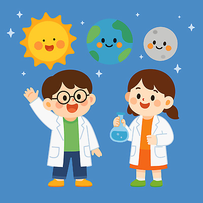 전신 여자 남자 지구 어린이 일러스트 실험 미소 들기 소녀 소년 두명 파란색 반짝임 태양 손들기 꿈 달 실험복 과학자 즐거움 장래희망 둥근플라스크 어린이만 안경낌 국내일러스트 AI파일 자연요소 직업 감정 안경 컬러 과학 모션 표정 사람 가운 플라스크 학자 파일형식 벡터