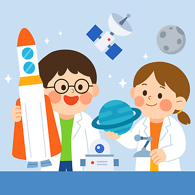 여자 남자 어린이 일러스트 실험 미소 들기 소녀 소년 상반신 두명 파란색 반짝임 꿈 인공위성 로켓 달 잡기 실험복 로봇 과학자 즐거움 장래희망 천왕성 어린이만 안경낌 국내일러스트 AI파일 자연요소 직업 감정 안경 컬러 과학 통신 모션 표정 사람 행성 가운 학자 파일형식 벡터