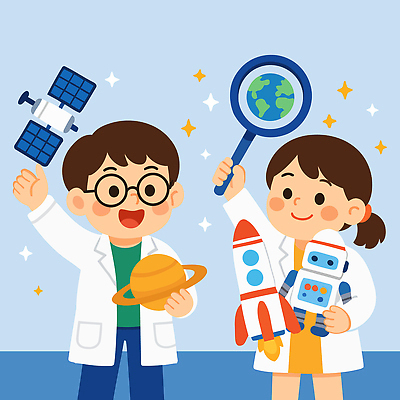 여자 남자 지구 어린이 일러스트 돋보기 실험 미소 들기 소녀 소년 두명 파란색 반짝임 손들기 꿈 인공위성 로켓 실험복 로봇 과학자 즐거움 장래희망 토성 어린이만 안경낌 국내일러스트 AI파일 직업 감정 안경 컬러 과학 통신 모션 표정 사람 행성 가운 학자 파일형식 벡터