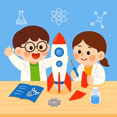 여자 남자 어린이 일러스트 실험 미소 들기 소녀 소년 상반신 두명 파란색 만세 꿈 로켓 실험복 드라이버 과학자 책상 즐거움 톱니바퀴 만들기 장래희망 조립 설명서 어린이만 국내일러스트 AI파일 직업 감정 컬러 과학 가구 모션 표정 사람 공구 가운 학자 파일형식 벡터