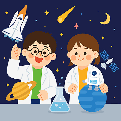 여자 남자 어린이 일러스트 실험 미소 소녀 소년 상반신 두명 반짝임 손들기 꿈 인공위성 로켓 잡기 실험복 초승달 유성 남색 로봇 과학자 즐거움 삼각플라스크 장래희망 목성 천왕성 어린이만 안경낌 국내일러스트 AI파일 직업 감정 안경 컬러 과학 통신 모션 표정 사람 행성 달 가운 플라스크 학자 파일형식 벡터