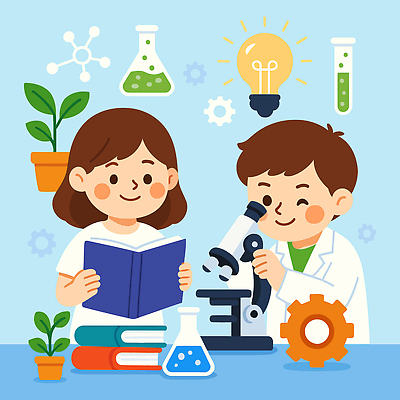 식물 여자 남자 화분 어린이 일러스트 전구 현미경 실험 미소 들기 소녀 소년 상반신 두명 책 파란색 독서 꿈 관찰 잡기 실험복 과학자 즐거움 시험관 톱니바퀴 삼각플라스크 장래희망 어린이만 국내일러스트 AI파일 직업 감정 컬러 과학 모션 표정 실험기구 사람 가운 플라스크 학자 파일형식 벡터