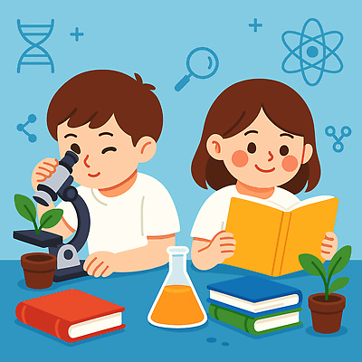 식물 여자 남자 화분 어린이 일러스트 현미경 실험 미소 들기 소녀 소년 상반신 두명 책 파란색 독서 꿈 관찰 과학자 즐거움 삼각플라스크 장래희망 어린이만 국내일러스트 AI파일 직업 감정 컬러 과학 모션 표정 실험기구 사람 플라스크 학자 파일형식 벡터
