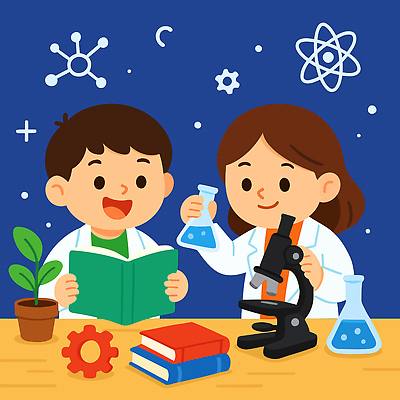식물 여자 남자 화분 어린이 일러스트 현미경 실험 미소 들기 소녀 소년 상반신 두명 책 파란색 독서 꿈 실험복 과학자 즐거움 톱니바퀴 삼각플라스크 장래희망 어린이만 국내일러스트 AI파일 직업 감정 컬러 과학 모션 표정 실험기구 사람 가운 플라스크 학자 파일형식 벡터