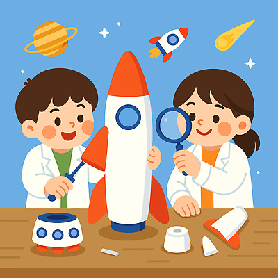 여자 남자 어린이 일러스트 돋보기 실험 미소 들기 소녀 소년 상반신 두명 파란색 로켓 관찰 실험복 드라이버 유성 과학자 즐거움 만들기 장래희망 목성 조립 어린이만 국내일러스트 AI파일 직업 감정 컬러 과학 모션 표정 사람 행성 공구 가운 학자 파일형식 벡터
