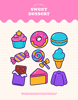 별 리본 분홍색 일러스트 막대사탕 사람없음 귀여움 초콜릿 도넛 달콤 조각케이크 컵케이크 격자 푸딩 콘아이스크림 마카롱 엘리먼트 아기자기 국내일러스트 AI파일 자연요소 컬러 컨셉 무늬 아이스크림 디저트 사탕 케이크 맛 파일형식 벡터