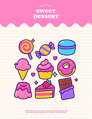 분홍색 일러스트 막대사탕 사람없음 반짝임 귀여움 초콜릿 하트 도넛 달콤 조각케이크 컵케이크 격자 푸딩 콘아이스크림 마카롱 딸기케이크 알사탕 엘리먼트 아기자기 국내일러스트 AI파일 모양 컬러 컨셉 무늬 모션 딸기 아이스크림 디저트 사탕 케이크 맛 파일형식 벡터