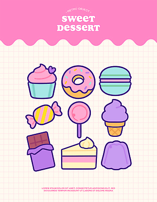 분홍색 일러스트 막대사탕 사람없음 귀여움 초콜릿 하트 도넛 달콤 조각케이크 컵케이크 격자 푸딩 콘아이스크림 마카롱 생크림케이크 엘리먼트 아기자기 국내일러스트 AI파일 모양 컬러 컨셉 무늬 아이스크림 디저트 사탕 케이크 맛 파일형식 벡터