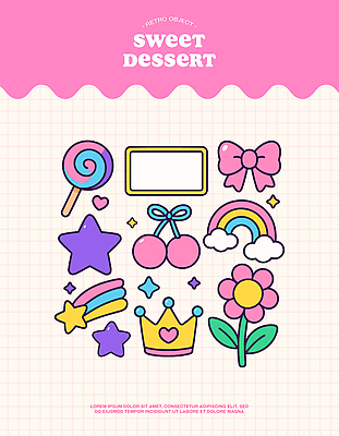 구름 꽃 별 리본 분홍색 무지개 일러스트 왕관 막대사탕 사람없음 반짝임 귀여움 팻말 하트 체리 달콤 유성 격자 엘리먼트 아기자기 국내일러스트 AI파일 자연요소 모양 식물 컬러 컨셉 무늬 과일 모션 프레임 사탕 맛 파일형식 벡터