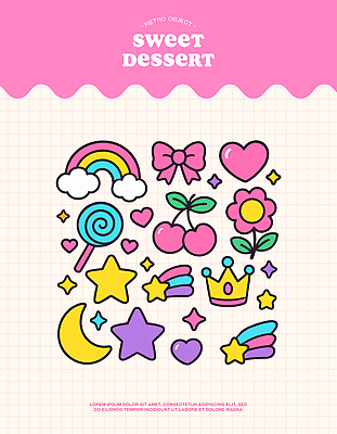 구름 꽃 별 리본 분홍색 무지개 잎 일러스트 왕관 막대사탕 사람없음 반짝임 귀여움 하트 체리 달콤 초승달 유성 격자 엘리먼트 아기자기 국내일러스트 AI파일 자연요소 모양 식물 컬러 컨셉 무늬 과일 모션 사탕 달 맛 파일형식 벡터
