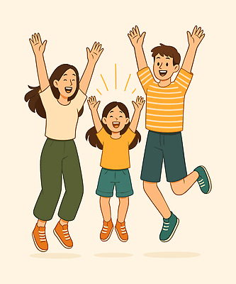 전신 여자 남자 행복 어린이 일러스트 가족 웃음 소녀 성인 세명 점프 화목 만세 국내일러스트 AI파일 감정 컨셉 관계 모션 표정 사람 파일형식 벡터