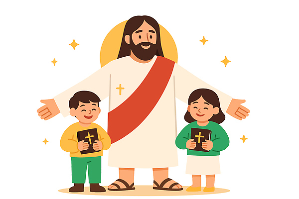 전신 여자 남자 기독교 어린이 일러스트 팔벌리기 미소 들기 소녀 소년 성인 세명 반짝임 성경 예수 후광 국내일러스트 AI파일 종교 종교용품 모션 표정 사람 빛 신_종교 파일형식 벡터