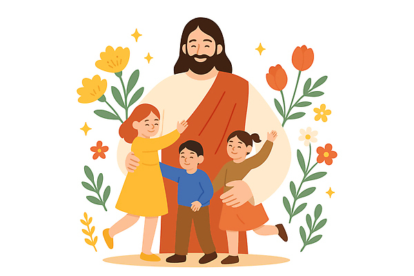 전신 여자 남자 꽃 기독교 어린이 잎 일러스트 포옹 미소 소녀 소년 여러명 성인 반짝임 손들기 예수 국내일러스트 AI파일 식물 종교 다수 안기 모션 표정 사람 신_종교 파일형식 벡터
