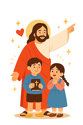 전신 여자 남자 기독교 어린이 일러스트 미소 들기 소녀 소년 성인 세명 반짝임 성경 가리킴 예수 손모으기 후광 국내일러스트 AI파일 종교 종교용품 모션 표정 사람 손짓 빛 신_종교 파일형식 벡터