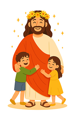 전신 여자 남자 기독교 어린이 일러스트 포옹 미소 소녀 소년 성인 세명 반짝임 화관 예수 국내일러스트 AI파일 꽃 종교 안기 모션 표정 사람 신_종교 파일형식 벡터