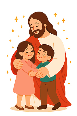 전신 여자 남자 기독교 어린이 일러스트 포옹 미소 소녀 소년 성인 세명 반짝임 눈감음 예수 국내일러스트 AI파일 종교 안기 모션 표정 사람 신_종교 파일형식 벡터