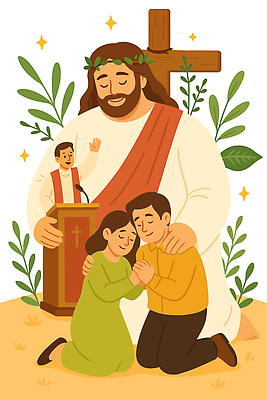 전신 여자 남자 기독교 십자가 잎 일러스트 포옹 미소 여러명 성인 반짝임 손들기 눈감음 기도 예수 무릎꿇기 단상 신부복 월계관 신부님 성인만 얼굴맞대기 국내일러스트 AI파일 식물 종교 다수 안기 모션 표정 사람 천주교 신_종교 파일형식 벡터