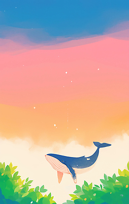 JPG 분홍색 일러스트 하늘 나뭇잎 사람없음 신비 고래 몽환 국내일러스트 AI일러스트 AI콘텐츠 컬러 컨셉 잎 포유류 수중동물 파일형식