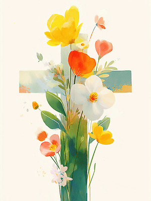 JPG 십자가 잎 일러스트 사람없음 초록색 꽃봉오리 유화 국내일러스트 AI일러스트 AI콘텐츠 식물 꽃 컬러 미술 파일형식