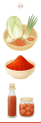 PSD 그릇 일러스트 마늘 사람없음 세트 소쿠리 깍두기 홍고추 양념통 배추김치 대파 고춧가루 국내일러스트 식기 채소 고추 김치 통 바구니 양념 가루 파 파일형식
