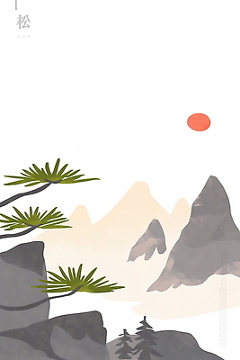 PSD 일러스트 수채화 사람없음 태양 소나무 산수화 소나무송 산맥 국내일러스트 자연요소 나무 산 한자 동양화 파일형식