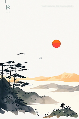 PSD 일러스트 수채화 사람없음 태양 소나무 새떼 산수화 소나무송 산맥 국내일러스트 자연요소 나무 조류 산 한자 동양화 파일형식