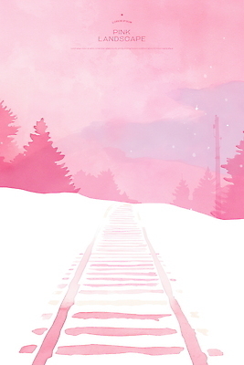 PSD 나무 분홍색 일러스트 수채화 풍경 사람없음 기찻길 전봇대 국내일러스트 식물 공공시설 컬러 파일형식