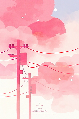 PSD 구름 분홍색 일러스트 하늘 수채화 풍경 사람없음 전선 전봇대 국내일러스트 자연요소 공공시설 컬러 파일형식