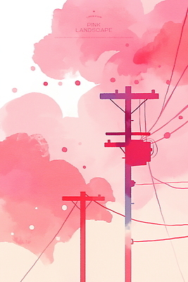 PSD 구름 분홍색 일러스트 하늘 수채화 풍경 사람없음 전선 전봇대 국내일러스트 자연요소 공공시설 컬러 파일형식