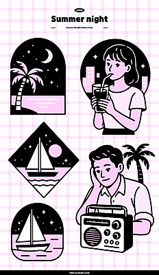 무료이미지 여자 남자 스티커 일러스트 밤하늘 빨대 미소 들기 상반신 성인 두명 건물 컵 여름휴가 반짝임 세트 야자수 보라색 턱괴기 마시기 달 라디오 돗단배 밤바다 엘리먼트 여름밤 성인만 키치 국내일러스트 AI파일 자연요소 나무 식기 건축물 바다 컬러 컨셉 배_교통 모션 하늘 휴가 표정 사람 여름 전자제품 야간 파일형식 벡터 여름_계절