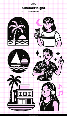 여자 남자 음료 스티커 음표 일러스트 밤하늘 빨대 미소 들기 상반신 성인 건물 컵 세명 여름휴가 반짝임 세트 야자수 손들기 눈감음 보라색 헤드셋 일몰 음악감상 듣기 달 춤 돗단배 밤바다 엘리먼트 여름밤 성인만 키치 국내일러스트 AI파일 자연요소 나무 식기 건축물 기호 음악 바다 컬러 음향기기 컨셉 배_교통 모션 하늘 휴가 문화예술 표정 사람 여름 노을 헤드폰 감상 야간 파일형식 벡터 여름_계절