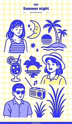 여자 남자 스티커 음표 일러스트 밤하늘 미소 잔디 상반신 성인 세명 파란색 여름휴가 세트 모래사장 선글라스 야자수 눈감음 일몰 달 칵테일 라디오 칵테일잔 비치모자 레몬장식 밤바다 엘리먼트 여름밤 성인만 키치 국내일러스트 AI파일 자연요소 나무 식물 모자_잡화 기호 안경 음악 바다 컬러 컨셉 술잔 모션 하늘 휴가 주류 표정 사람 장식 여름 전자제품 노을 야간 레몬 파일형식 벡터 여름_계절