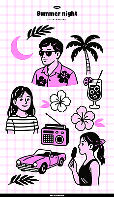 여자 남자 스티커 일러스트 밤하늘 미소 상반신 성인 세명 여름휴가 세트 보라색 달 밤바다 엘리먼트 여름밤 성인만 키치 국내일러스트 AI파일 자연요소 바다 컬러 컨셉 하늘 휴가 표정 사람 여름 야간 파일형식 벡터 여름_계절