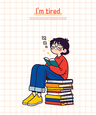 전신 남자 일러스트 청소년 피곤 한명 들기 앉기 반짝임 눈감음 잠 졸음 Z 책더미 십대남자한명만 안경낌 일러캐릭터 AI파일 캐릭터 1 알파벳 감정 안경 컨셉 모션 사람 책 무더기 남자한명만 십대남자만 파일형식 벡터
