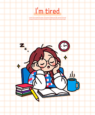 여자 시계 일러스트 청소년 피곤 한명 앉기 상반신 반짝임 연필 눈감음 턱괴기 펼침 머그컵 잠 졸음 Z 책더미 십대여자한명만 안경낌 일러캐릭터 AI파일 캐릭터 1 알파벳 감정 안경 컨셉 모션 학용품 사람 책 컵 필기구 무더기 여자한명만 십대여자만 파일형식 벡터