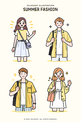 여자 남자 남방 일러스트 미소 여러명 성인 반짝임 치마 노란색 손들기 귀걸이 반팔티셔츠 잡기 손목시계 크로스백 백팩 여름옷 성인만 일러캐릭터 AI파일 캐릭터 옷 시계 컬러 다수 셔츠 티셔츠 가방 장신구 모션 하의 표정 사람 파일형식 벡터 여름_계절