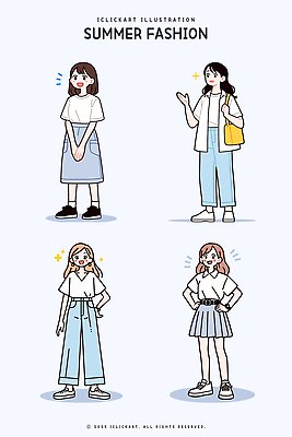 전신 여자 남자 허리손 하늘색 남방 일러스트 미소 여러명 성인 반짝임 청바지 잡기 손모으기 숄더백 청치마 여름옷 성인만 일러캐릭터 AI파일 캐릭터 옷 포즈 다수 셔츠 가방 바지 모션 표정 사람 손짓 파란색 치마 파일형식 벡터 여름_계절