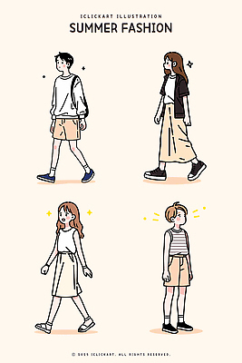 전신 여자 남자 일러스트 반바지 배낭 미소 여러명 성인 반짝임 치마 노란색 걷기 재킷 여름옷 긴팔티셔츠 성인만 일러캐릭터 AI파일 캐릭터 옷 컬러 다수 티셔츠 가방 바지 모션 하의 표정 사람 외투 파일형식 벡터 여름_계절