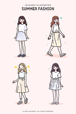 전신 원피스 여자 남자 일러스트 미소 웃음 여러명 성인 반짝임 치마 민소매 걷기 반팔티셔츠 여름옷 연분홍색 성인만 일러캐릭터 AI파일 캐릭터 옷 분홍색 다수 상의 티셔츠 모션 하의 표정 사람 파일형식 벡터 여름_계절