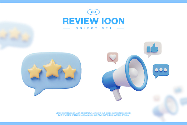 PSD 아이콘 하늘색 말풍선 사람없음 세트 3D아이콘 3D 확성기 하트 오브젝트 따봉 리뷰 별점 좋음 모양 컨셉 파란색 최고 디지털합성 점수 평가 파일형식